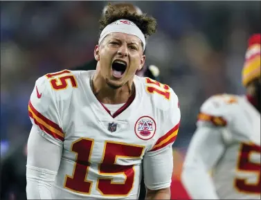  ?? MARCIO JOSE SANCHEZ — THE ASSOCIATED PRESS ?? Kansas City Chiefs quarterbac­k Patrick Mahomes celebrates after defeating the Los Angeles Chargers in an NFL football game Thursday, Dec. 16, 2021, in Inglewood. The Chiefs won 34-28.