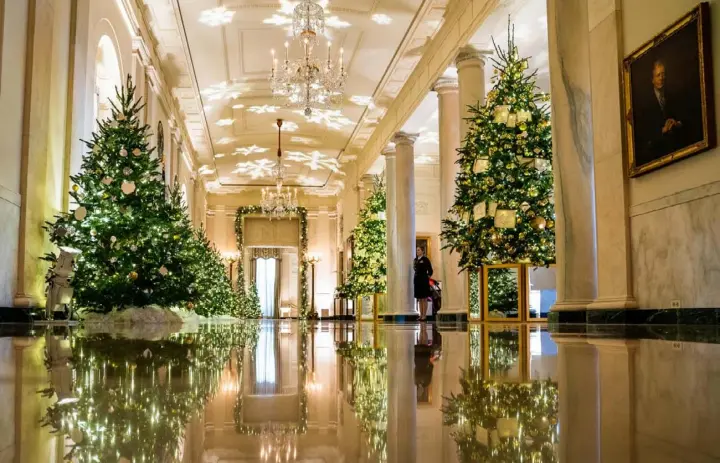  ?? White House are on display in Cross Hall. Demetrius Freeman/Washington Post ?? Some of the 77 Christmas trees decorating