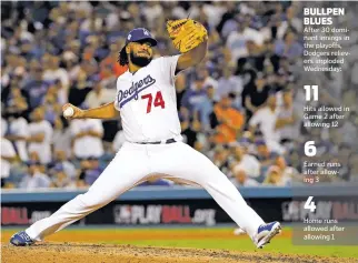  ?? MATT SLOCUM/THE ASSOCIATED PRESS ?? Dodgers closer Kenley Jansen allowed an 0-2 game-tying home run to Marwin Gonzalez in the top of the ninth inning Wednesday, leading to extra innings and the Astros’ eventual 7-5 win in 11 innings. The bullpen was battered for 11 hits and six runs by...