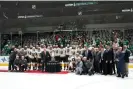  ?? Photograph: Tony Gutierrez/AP ?? Bill Daly, deputy commission­er of the NHL, stands with the Vegas Golden Knights following the team's win over the Dallas Stars in Game 6 of the Western Conference finals.