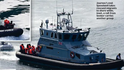  ??  ?? Journey’s end: Speedwell takes rescued migrants to shore while, inset, a raft from Seeker carries another group