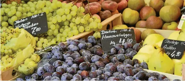  ?? Fotos: Leonie Küthmann ?? Zwetschgen, Trauben und Äpfel schmecken besonders gut im Frühherbst. Auf dem Stadtmarkt gibt es die Früchte gerade in Hülle und Fülle.