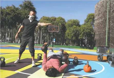  ?? Photos by Lea Suzuki / The Chronicle ?? Personal trainer Yotam Israeli ( left) works with his client Sid Banothu on a Hayes Valley Playground basketball court.