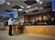  ?? CORNELIUS FROLIK / STAFF ?? Dayton police Major Paul Saunders speaks before the Dayton City Commission during a public meeting about Fusus technology on Wednesday.