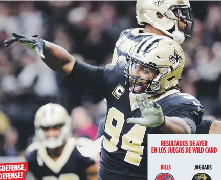  ??  ?? ¡DEFENSE, DEFENSE! Cameron Jordan celebra una importante jugada defensiva de los Saints en la segunda mitad contra los Panthers de Carolina. Los Saints frenaron a Carolina en las últimas dos posesiones.