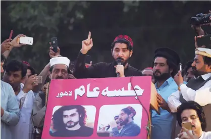  ?? Agence France-presse ?? Manzoor Pastheen speaks during a demonstrat­ion in Lahore on Sunday evening.