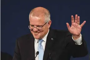  ??  ?? Australia’s Prime Minister Scott Morrison gives his victory speech after winning the general election in Sydney yesterday.