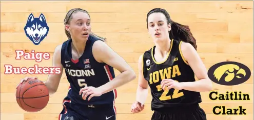  ?? Chris McNamee / Staff Illustrati­on; Photos by Getty Images / Hearst Connecticu­t Media ?? Freshman stars Paige Bueckers of UConn, left, and Caitlin Clark of Iowa will face off in this weekend's Sweet 16.