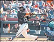  ?? JENNIFER STEWART — GETTY IMAGES ?? The Giants’ Pablo Sandoval says he finally feels strong after season-ending left shoulder surgery in May 2016.