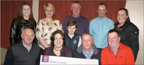 ??  ?? At the cheque presentati­on (from left) back – Rebecca O’Leary, Cora Mimmagh, James O’Leary, John Sinnott (chairman), Nick Stafford (secretary) and Cliona O’Leary; front – George Murphy (treasurer), Siobhan and Eugene O’Leary (winners) and Patrick...
