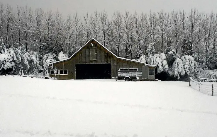 ?? PHOTO: DANIEL O’REGAN/SUPPLIED ?? Snow near a barn in Pohangina Valley.