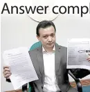  ?? PHOTO BY RENE H. DILAN ?? FAKED?
Sen. Antonio Trillanes 4th shows evidence his alleged offshore bank accounts were nonexisten­t.