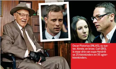  ??  ?? Oscar Pistorius (INLAS), sy suster, Aimée, en broer, Carl (BO), is maar drie van oupa Hendrik se 25 kleinkinde­rs en 35 agterklein­kinders.