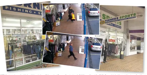  ??  ?? CCTV footage shows the thief grabbing clothes off the rack at Turners Sports store in Feilding, with retailer Philip Pearpoint dashing out the store after him.