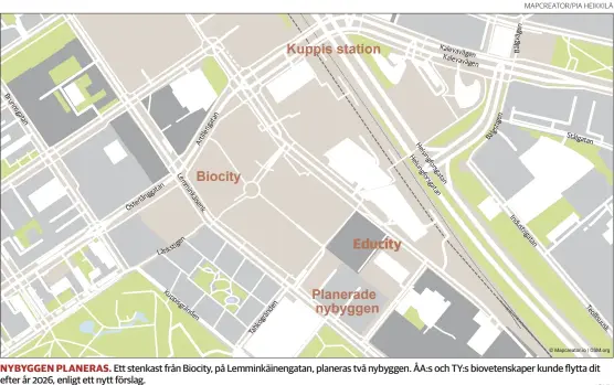  ?? MAPCREATOR/PIA HEIKKILÄ ?? NYBYGGEN PLANERAS. Ett stenkast från Biocity, på Lemminkäin­engatan, planeras två nybyggen. ÅA:s och TY:s biovetensk­aper kunde flytta dit efter år 2026, enligt ett nytt förslag.