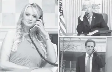  ??  ?? “SNL” trotted out a bunch of celebritie­s as characters in the Trump administra­tion, bringing back Alec Baldwin (above, right) , Ben Stiller (below) and Scarlett Johansson — and surprising viewers with Stormy Daniels (left) playing herself.