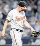  ?? FRANK FRANKLIN II/ASSOCIATED PRESS ?? Orioles starting pitcher Wade Miley leaves the game after recording just one out in the first inning against the host Yankees. He surrendere­d six runs on six hits.