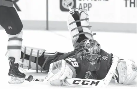  ?? AP PHOTO ?? Vegas Golden Knights goaltender Marc-Andre Fleury sprawls to make a save against the Winnipeg Jets during the third period of Wednesday’s playoff game in Las Vegas.