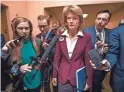  ??  ?? AP Sen. Lisa Murkowski, R-Alaska, center, arrives at the Capitol for Tuesday’s session of the trial in the Senate.