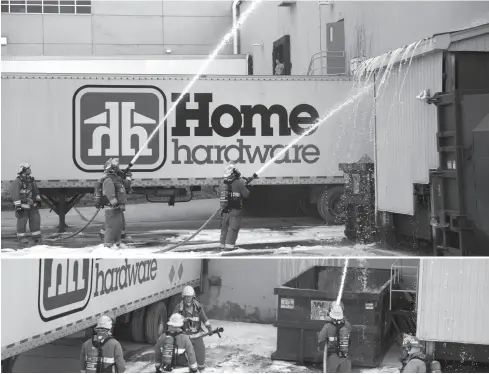  ?? Leah Gerber ?? Woolwich firefighte­rs were called to the Home Hardware headquarte­rs in St. Jacobs Tuesday about 4:15 p.m. after a fire was discovered in a dumpster on the east side of the building. The fire was quickly extinguish­ed, and there were no injuries. The cause remains unknown.