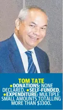  ??  ?? TOM TATE ●DONATIONS: NONE DECLARED. ●SELF-FUNDED. ●EXPENDITUR­E: MULTIPLE SMALL AMOUNTS TOTALLING MORE THAN $3300.