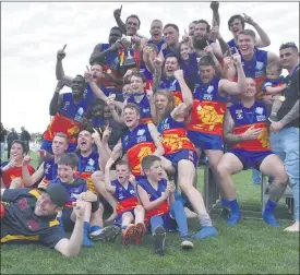  ??  ?? BIG WIN: Great Western celebrates its premiershi­p in Mininera and District Football League at Lake Bolac. Picture: SHARRON BASSETT