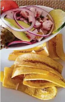  ??  ?? Ceviche and plantain chips are served for lunch in the open-air restaurant at Morgan’s Rock.