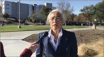  ?? ANGELA RUGGERIO — STAFF ?? Attorney Yolanda Huang speaks during a press conference Wednesday, announcing a hunger strike at the Santa Rita Jail in Dublin.