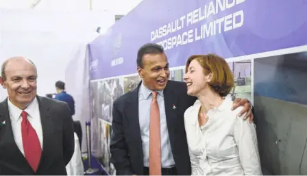  ??  ?? ERIC TRAPPIER, chairman and CEO of Dassault Aviation; Anil Ambani, chairman of the Reliance Anil Dhirubhai Ambani Group; and French Defence Minister Florence Parly in Nagpur on October 27, 2017, to attend the foundation-stone-laying ceremony for Dassault Reliance Aerospace Limited.