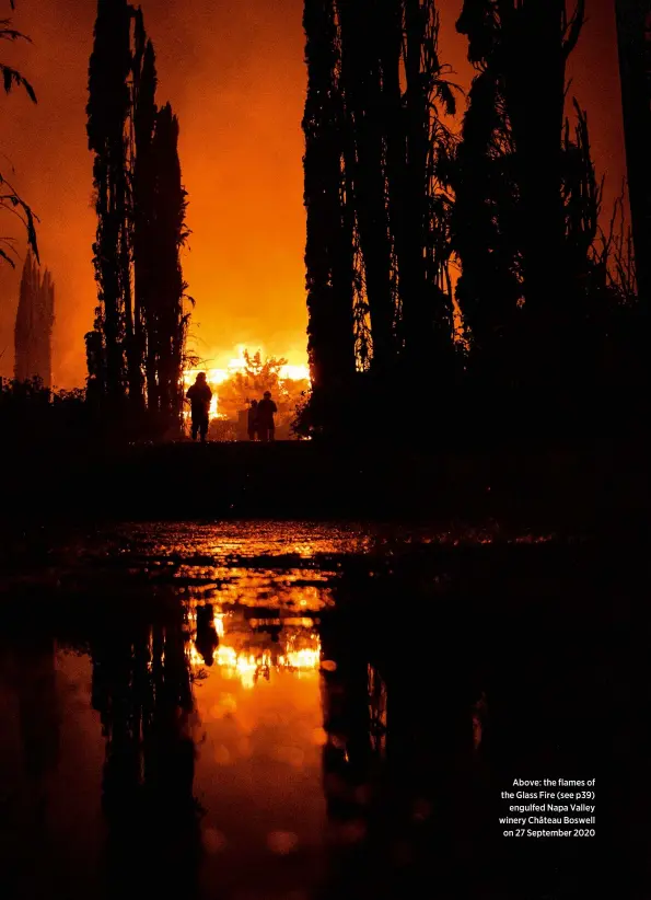  ??  ?? Above: the flames of the Glass Fire (see p39) engulfed Napa Valley winery Château Boswell on 27 September 2020