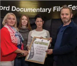  ??  ?? Wexford Campus students Angela Sanina, Una Murphy and Angie Young with festival member Kevin Ryan.