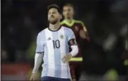  ?? VICTOR R. CAIVANO — THE ASSOCIATED PRESS ?? Argentina’s Lionel Messi reacts during a 2018 World Cup qualifying soccer match against Venezuela in Buenos Aires, Argentina, Tuesday.