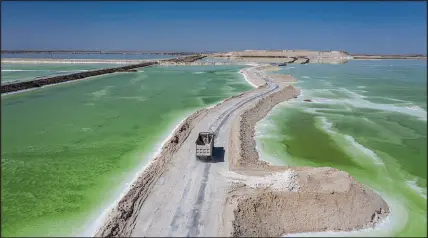  ?? QILAI SHEN / THE NEW YORK TIMES FILE (2021) ?? Brine ponds dot the landscape in 2021 at Chaerhan Salt Lake, a source of lithium, magnesium and potassium, in Golmud, China. The country dominates the world’s production of metals needed for electric car batteries.