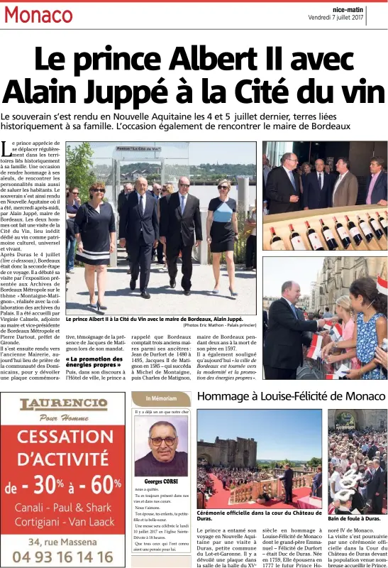  ?? (Photos Eric Mathon - Palais princier) ?? Le prince Albert II à la Cité du Vin avec le maire de Bordeaux, Alain Juppé. Cérémonie officielle dans la cour du Château de Duras. Bain de foule à Duras.