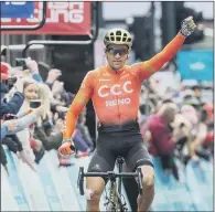  ?? PICTURE: BRUCE ROLLINSON ?? VICTORY: Greg Van Avermaet celebrates winning the Halifax to Leeds stage of last year’s Tour de Yorkshire; the men’s race will again run over four days in 2020.