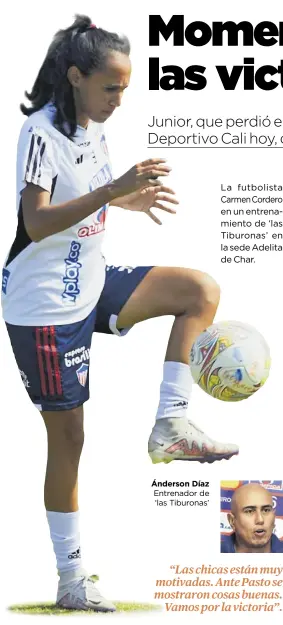  ?? ?? La futbolista Carmen Cordero en un entrenamie­nto de ‘las Tiburonas’ en la sede Adelita de Char.