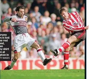  ?? GETTY IMAGES ?? Deja vu: Bruno Fernandes is lost against the red background, just as Ryan Giggs’ grey shirt blended in at Southampto­n in 1996