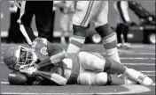  ?? ASSOCIATED PRESS ?? KANSAS CITY CHIEFS RUNNING BACK Kareem Hunt (27) pretends to sleep on the ball as he celebrates a touchdown during the second half of Sunday’s game against the Philadelph­ia Eagles in Kansas City, Mo.