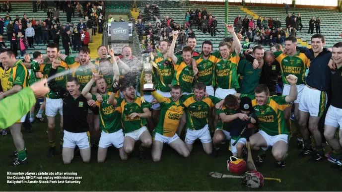  ??  ?? Kilmoyley players celebrate after winning the County SHC Final replay with victory over Ballyduff in Austin Stack Park last Saturday