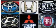  ?? AP ?? A U.S. auto safety investigat­ion of air bag controls includes these carmakers represente­d by their logos (clockwise from top left) Toyota, Honda, Kia, Fiat Chrysler, Mitsubishi and Hyundai.