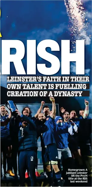  ??  ?? Homegrown: A jubilant Leinster lift the Pro14 title at the RDS last weekend