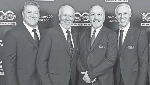  ?? Getty Images ?? HOW RARE? Members of the Islanders’ dynasty teams Denis Potvin, Billy Smith, Bryan Trottier and Mike Bossy (left to right) pose at the NHL’s Greatest 100 ceremony on Friday night in Los Angeles. Their run to four straight Stanley Cups in the 1980s will...