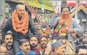 ?? HT PHOTO ?? Former CM Jairam Thakur with BJP candidate Satya Kaundal in Sanjauli on Saturday.