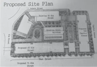  ?? COURTESYOF­CAPITALREG­ION DEVELOPMEN­TAUTHORITY ?? A drawing shows how the historic building at 55 Elm Street in downtown Hartford would become the centerpiec­e of a new block, with two apartment building replacing two parking lots. The developer is Spinnaker Real Estate Partners of South Norwalk.