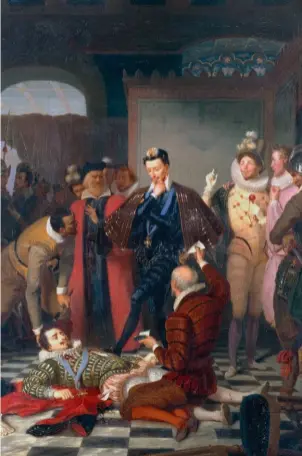  ??  ?? Henri III poussant du pied le cadavre du duc de Guise (1832). Le 23 décembre 1588, Henri de Guise tombe dans un guet-apens tendu par le roi de France.