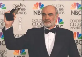  ?? AP PHOTO MARK J. TERRILL, FILE ?? In this file photo dated Sunday, Jan. 21, 1996, Sean Connery is honored at the Golden Globe Awards, in Beverly Hills, Calif., USA, when he received the Cecil B. DeMille Award. Scottish actor Sean Connery, considered by many to have been the best James Bond, has died aged 90, according to an announceme­nt Saturday from his family.