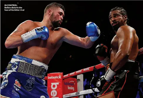  ??  ?? IN CONTROL: Bellew distorts the face of his bitter rival HOPELESS: But Haye beckons Bellew to him, hoping to land that home run punch