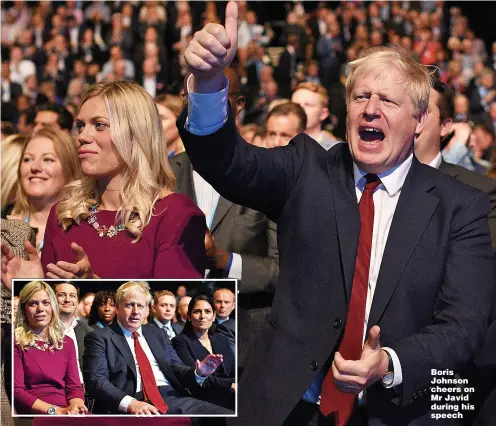  ?? Pictures: JEFF J MITCHELL/GETTY, STEFAN ROUSSEAU/PA, ANDY SHEPPARD ?? Boris Johnson cheers on Mr Javid during his speech