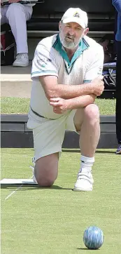  ?? ?? Yarragon lead Trevor Griffin watches his bowl in division four on Saturday. Yarragon defeated Newborough 97/56.