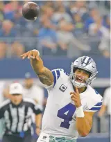  ?? ROGER STEINMAN ASSOCIATED PRESS FILE PHOTO ?? Cowboys quarterbac­k Dak Prescott hasn’t been very efficient through five games, the biggest reason Dallas has a losing record, and questions inside and outside the locker room about playcallin­g have been raised.